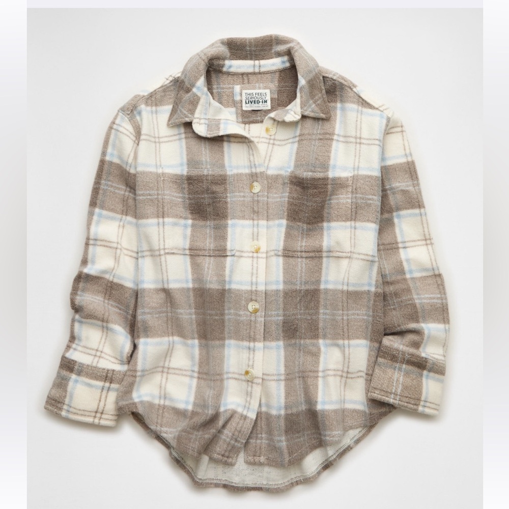 American Eagle Oversized Plaid Shirt Jacket Fleece Brown White Blue Size Medium